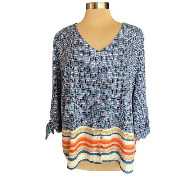 Chico's Geometric Print Button Up Popover Top Size 16/18 Coastal Nautical Casual - Picture 1 of 8